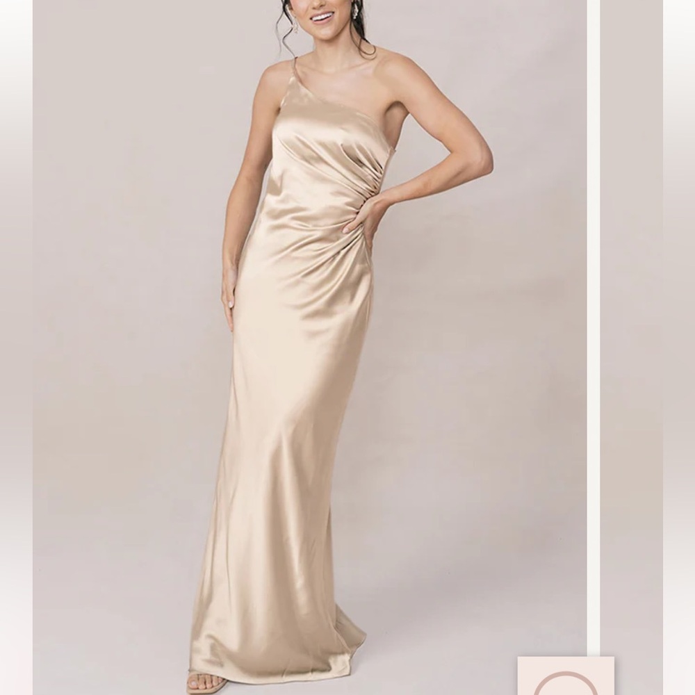 Revelry Jade Satin Gold Chanpagne One Shoulder Dress